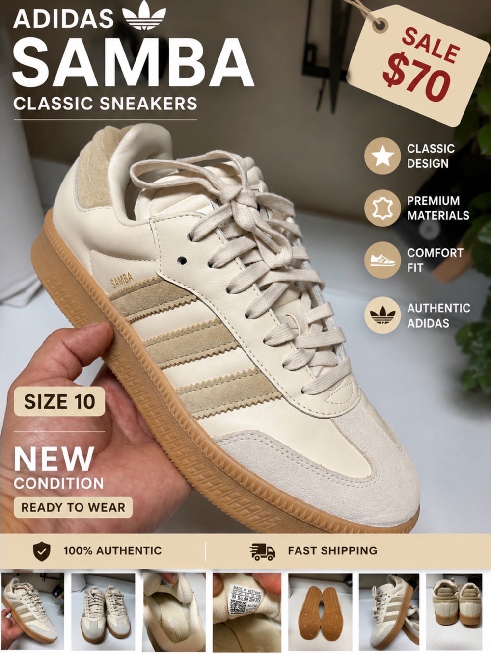 New size 10 adidas Samba Low-Top Sneakers in Cream and Gum